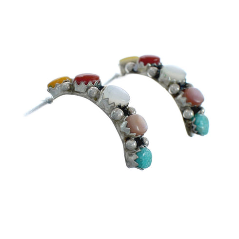 Genuine Multicolor Sterling Silver Post Hoop Zuni Earrings X10037